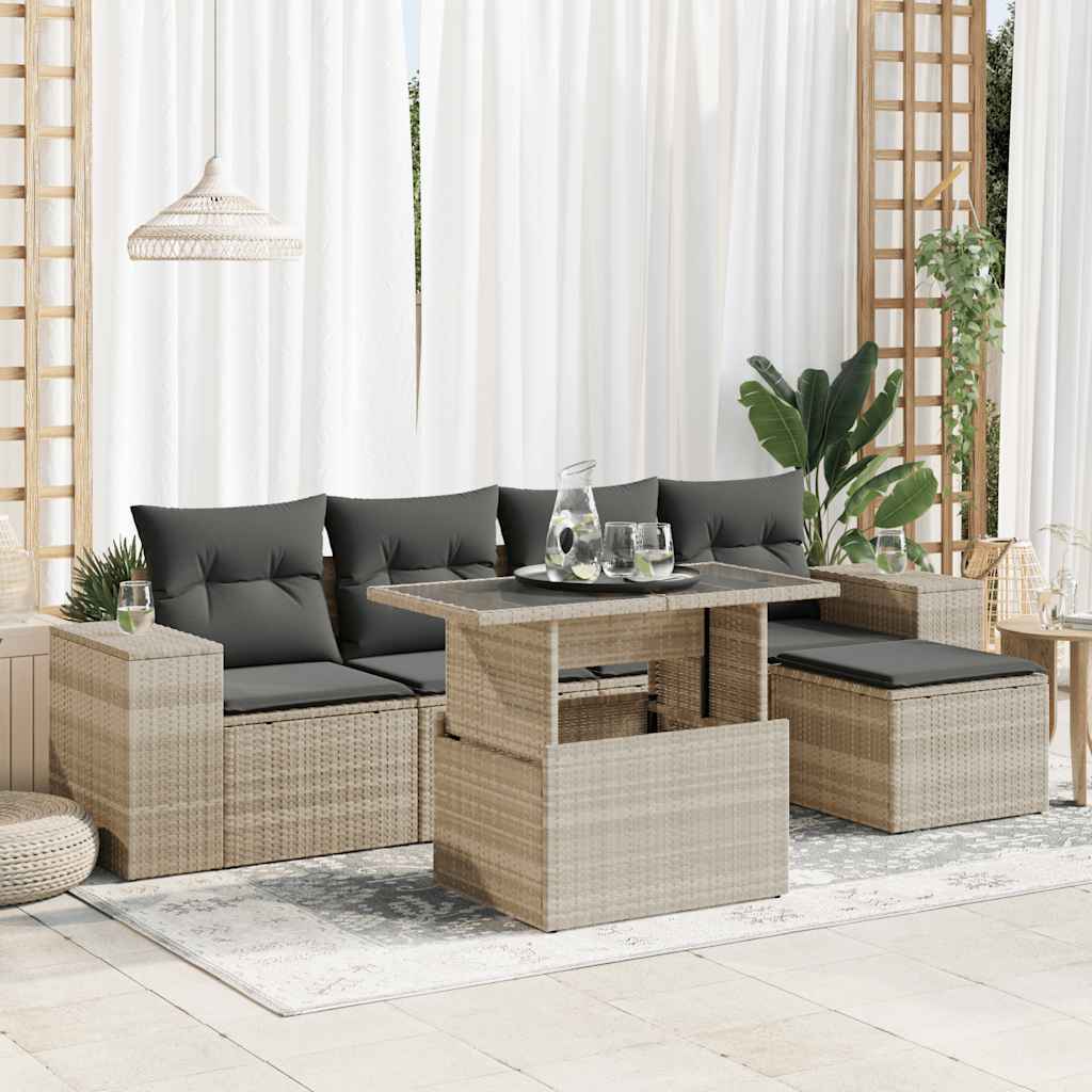 6-delige Loungeset met kussens poly rattan lichtgrijs