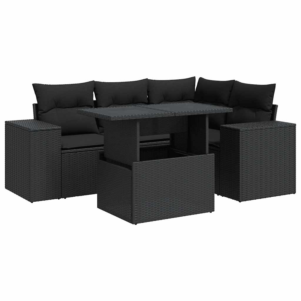 5-delige Loungeset met kussens poly rattan zwart