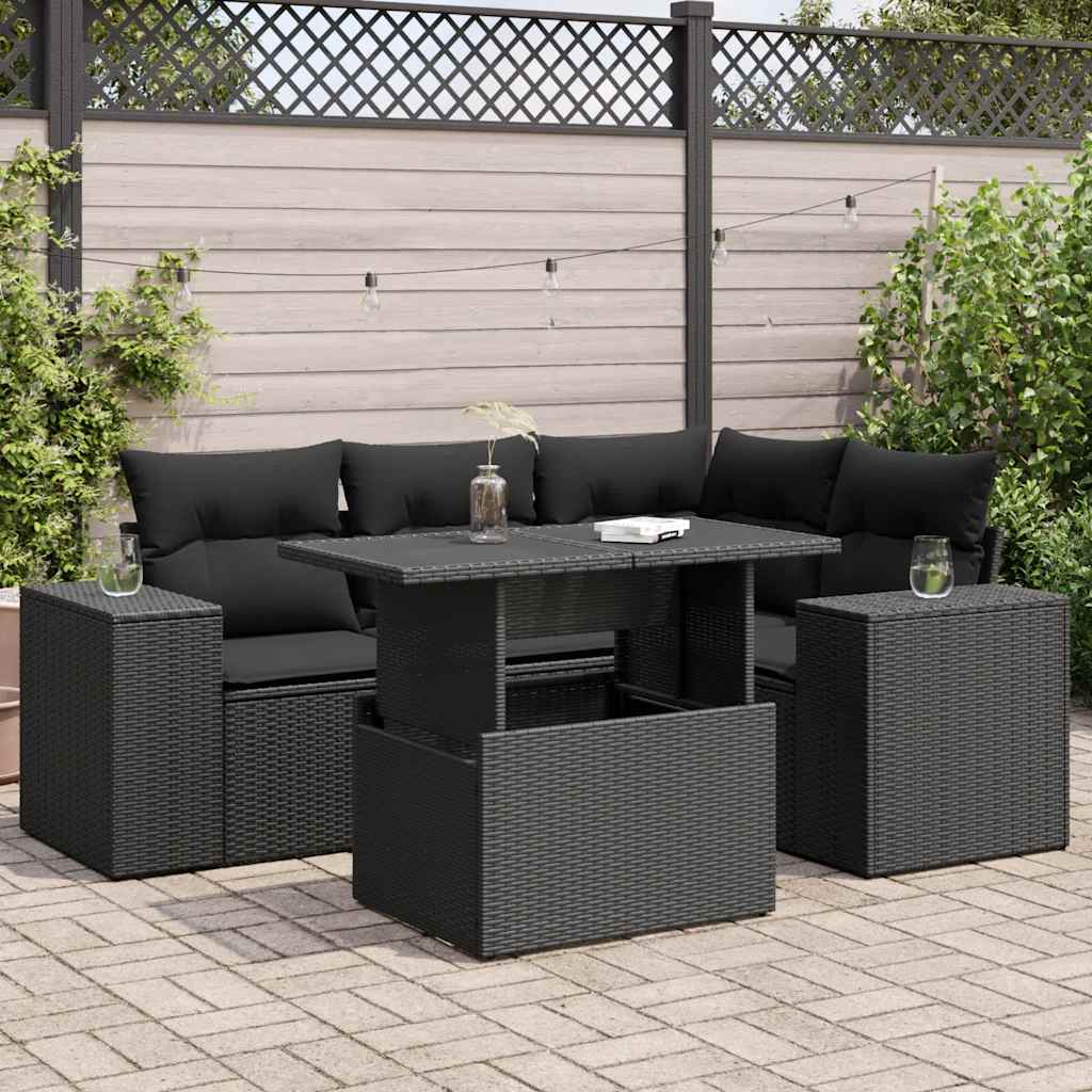 5-delige Loungeset met kussens poly rattan zwart