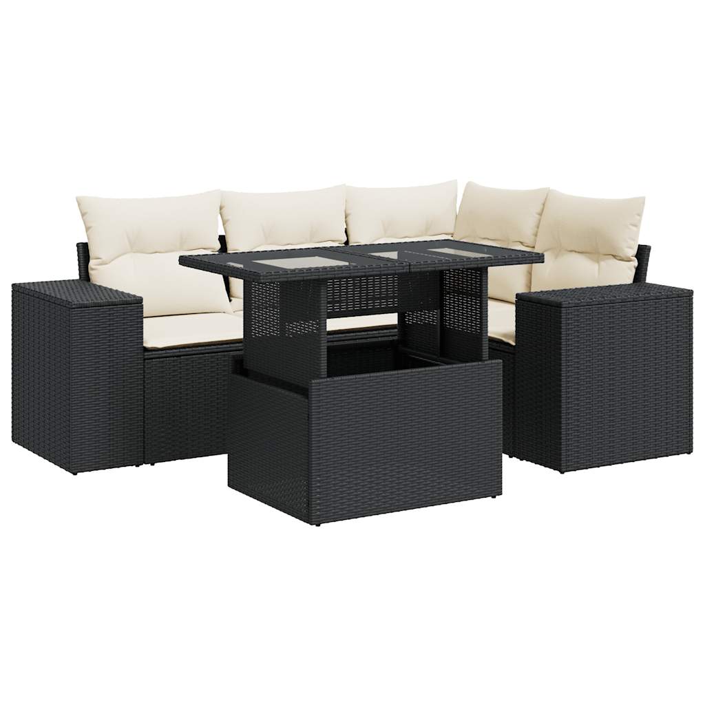 5-delige Loungeset met kussens poly rattan zwart