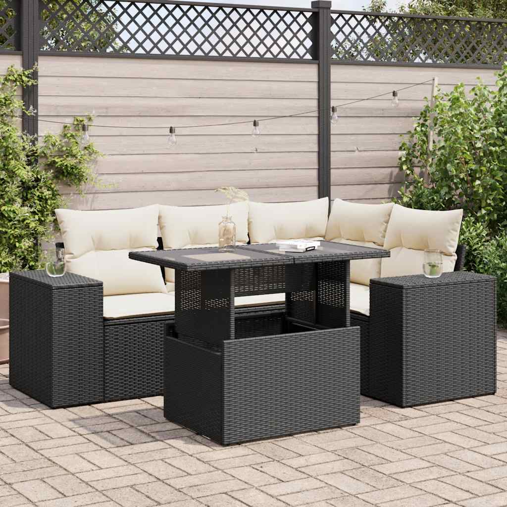 5-delige Loungeset met kussens poly rattan zwart