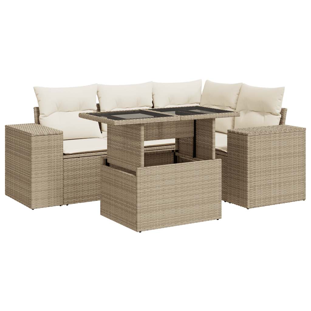 5-delige Loungeset met kussens poly rattan beige