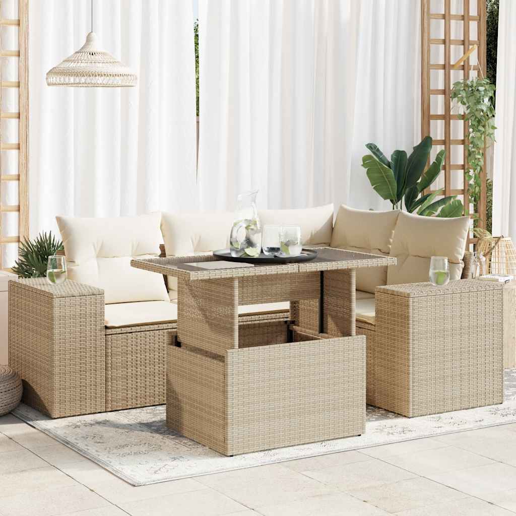 5-delige Loungeset met kussens poly rattan beige