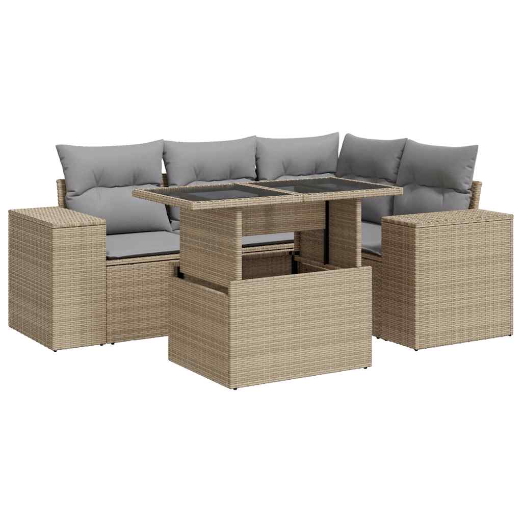 5-delige Loungeset met kussens poly rattan beige