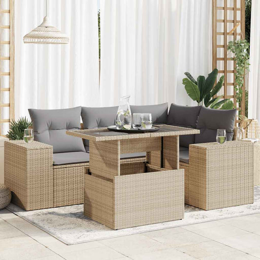 5-delige Loungeset met kussens poly rattan beige