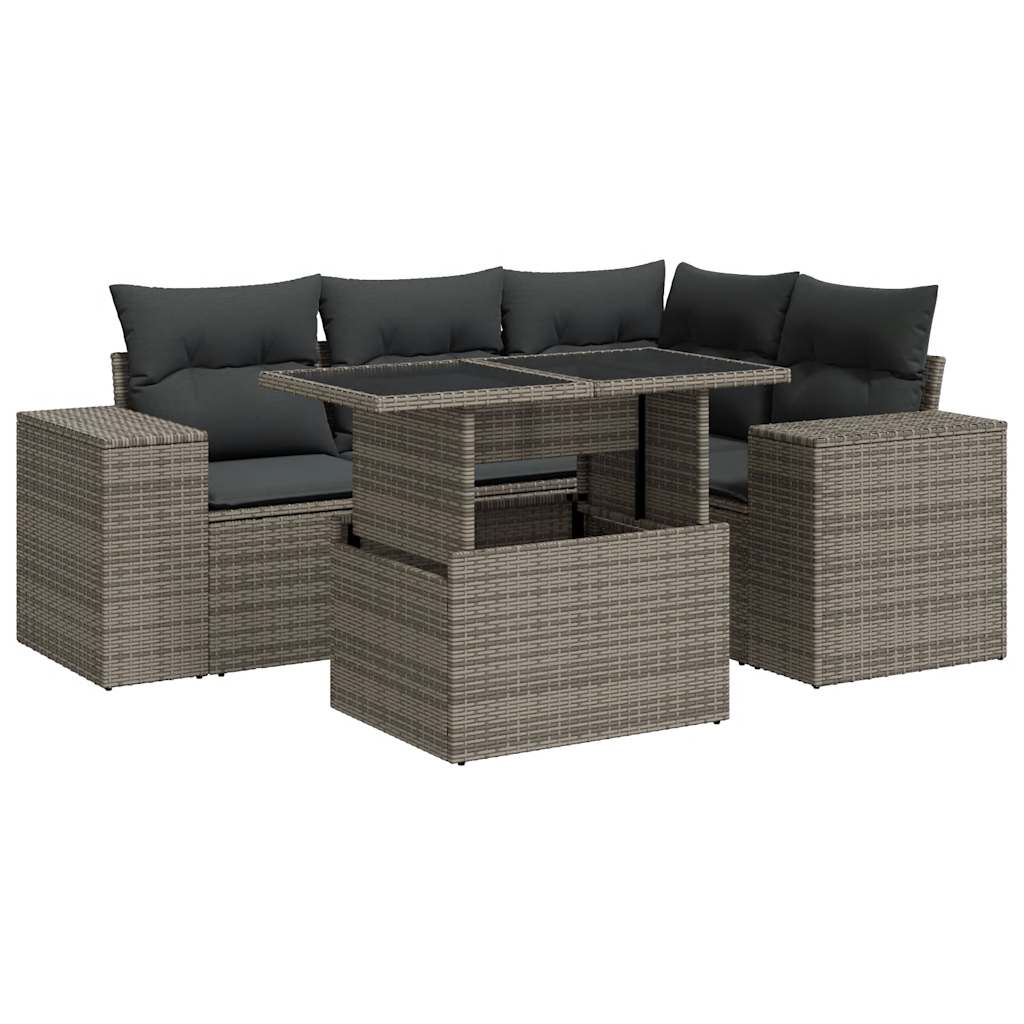 5-delige Loungeset met kussens poly rattan grijs