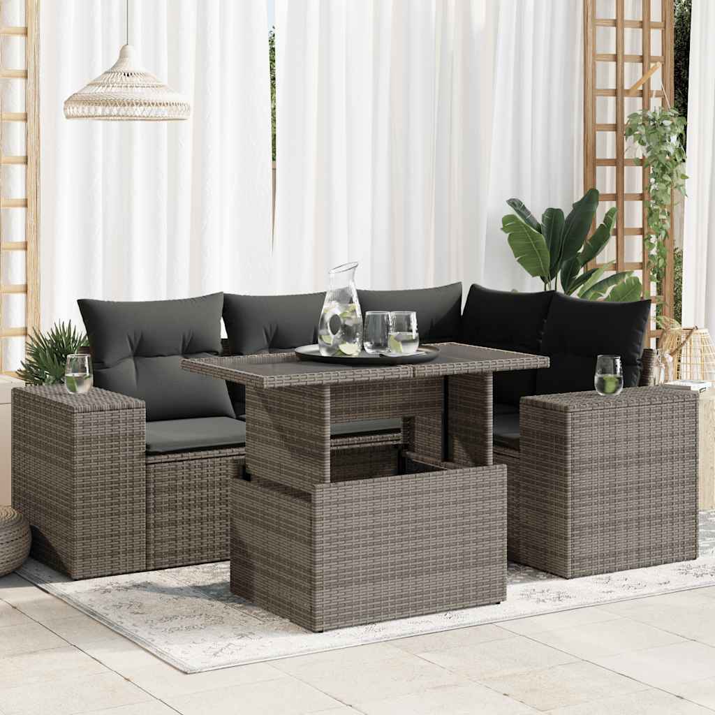 5-delige Loungeset met kussens poly rattan grijs