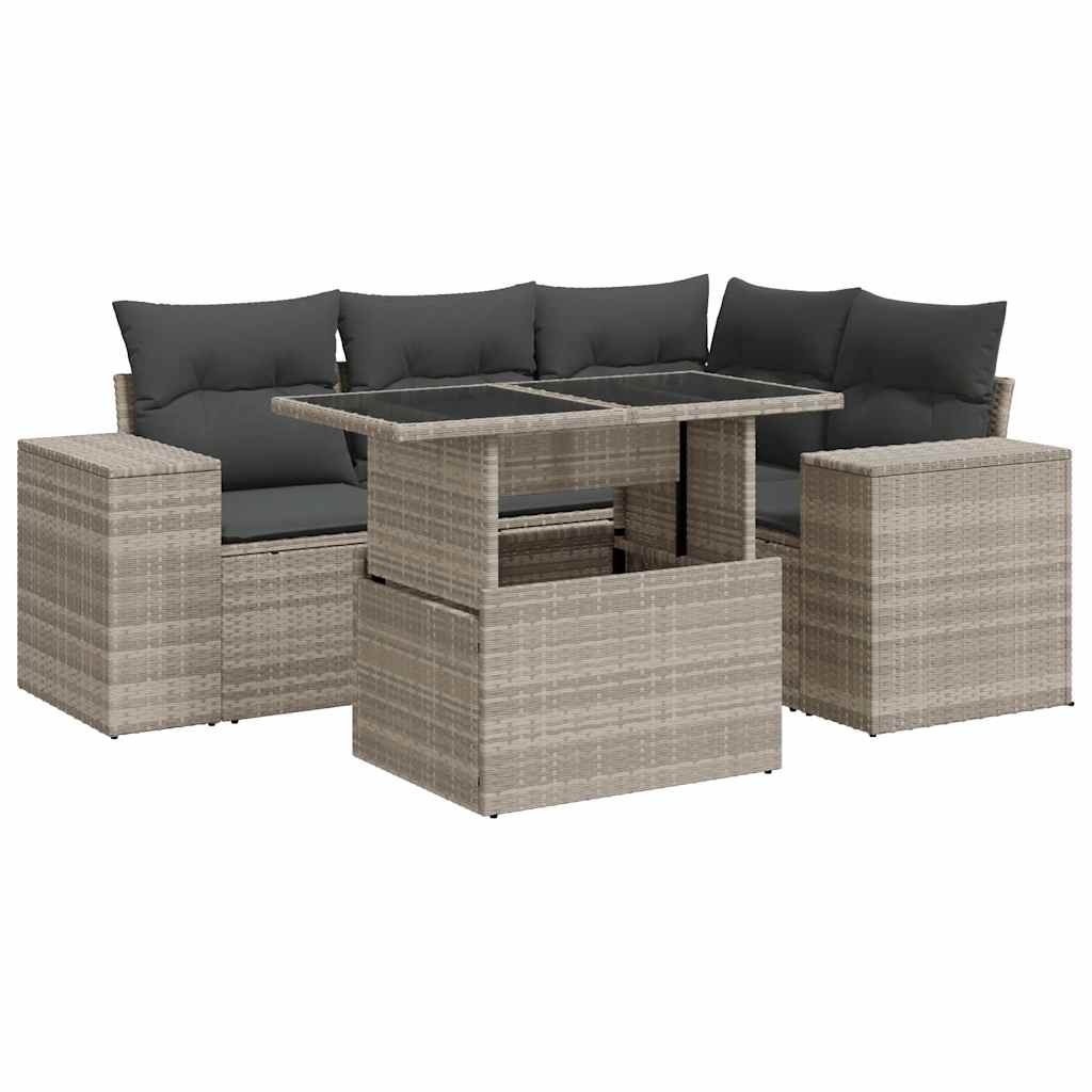 5-delige Loungeset met kussens poly rattan lichtgrijs