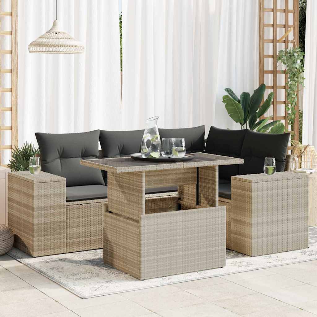 5-delige Loungeset met kussens poly rattan lichtgrijs