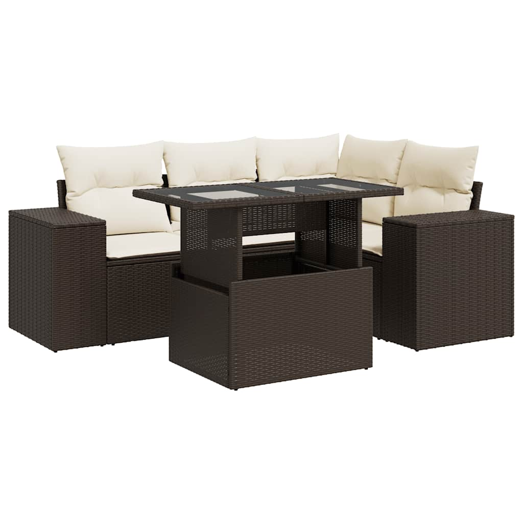 5-delige Loungeset met kussens poly rattan bruin