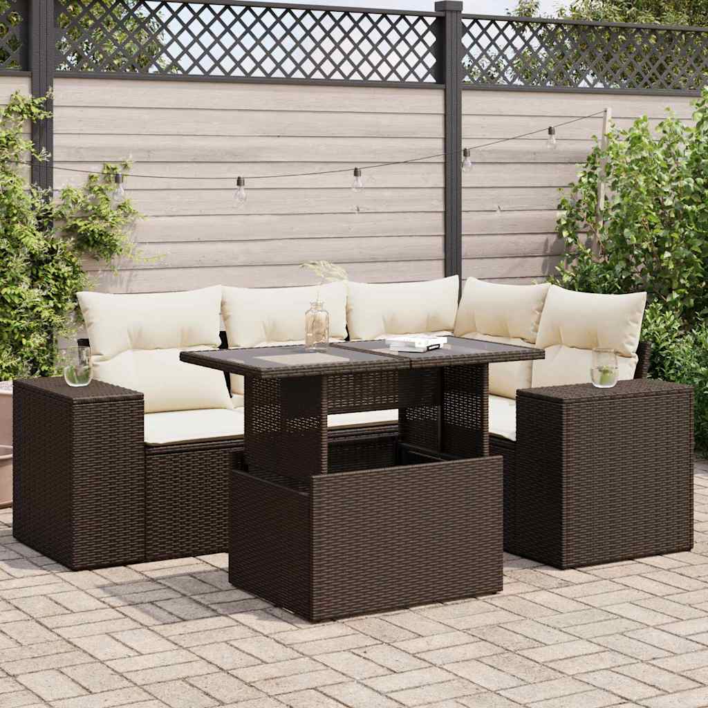 5-delige Loungeset met kussens poly rattan bruin