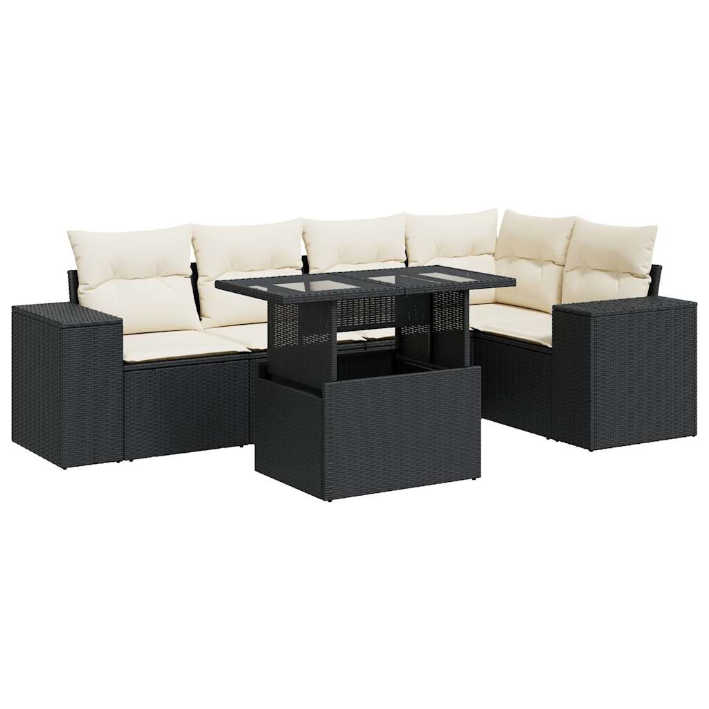 6-delige Loungeset met kussens poly rattan zwart