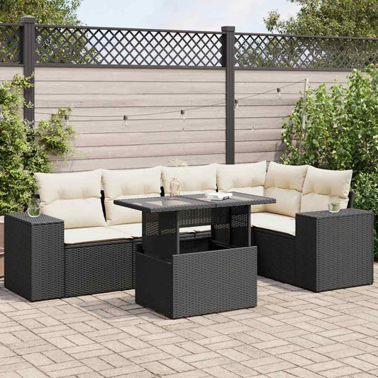 6-delige Loungeset met kussens poly rattan zwart