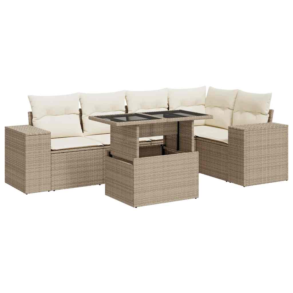 6-delige Loungeset met kussens poly rattan beige