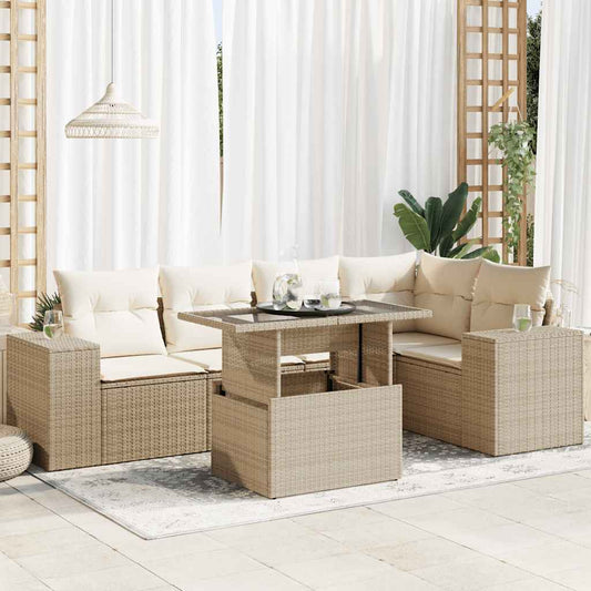 6-delige Loungeset met kussens poly rattan beige