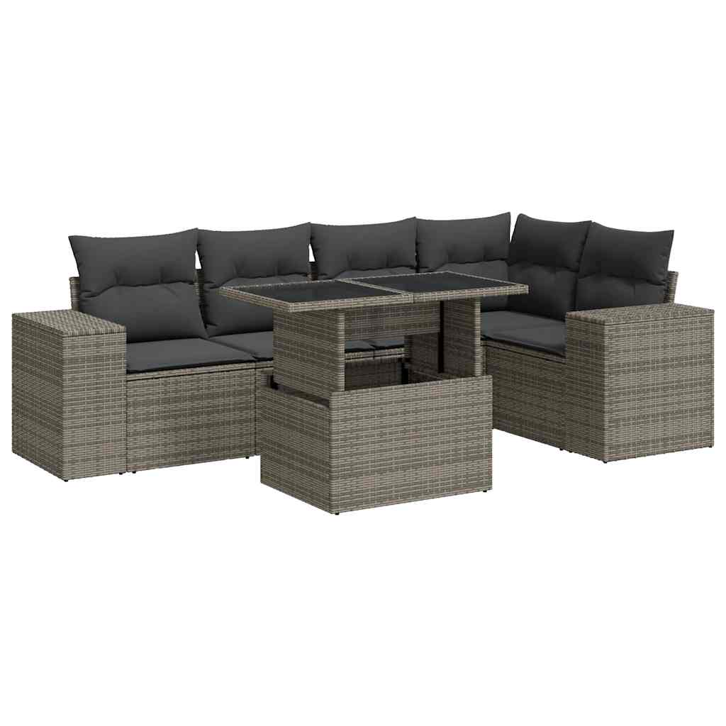 6-delige Loungeset met kussens poly rattan grijs