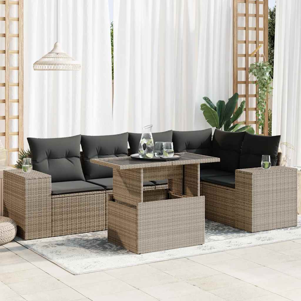 6-delige Loungeset met kussens poly rattan grijs