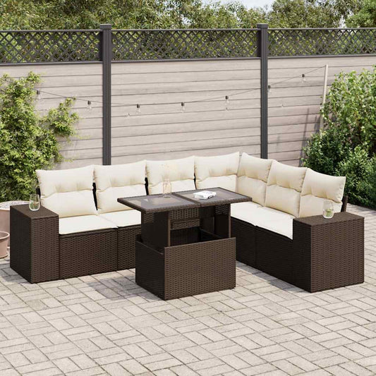 7-delige Loungeset met kussens poly rattan bruin