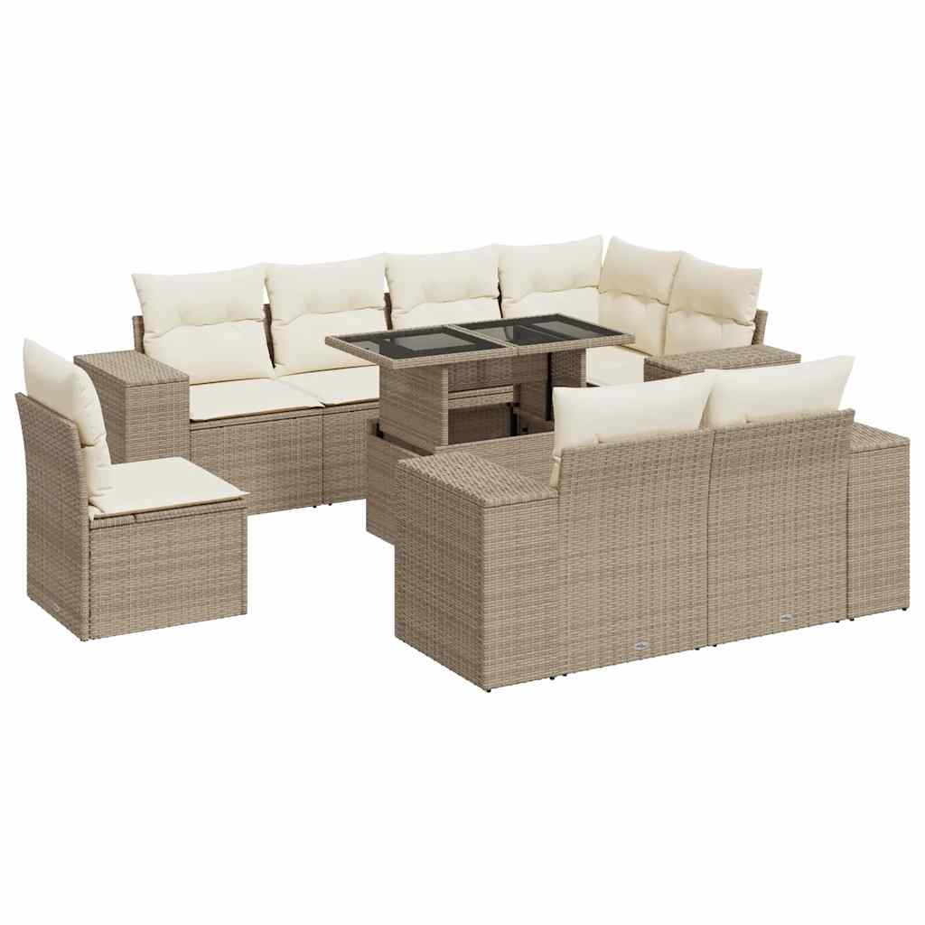 9-delige Loungeset met kussens poly rattan beige