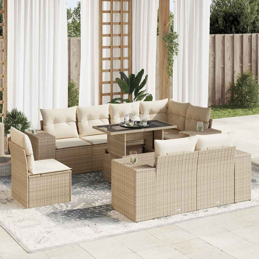 9-delige Loungeset met kussens poly rattan beige