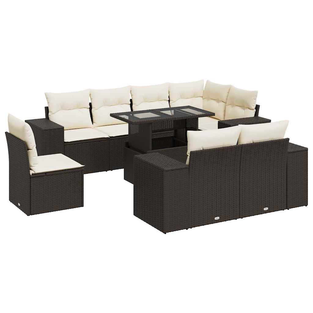 9-delige Loungeset met kussens poly rattan bruin