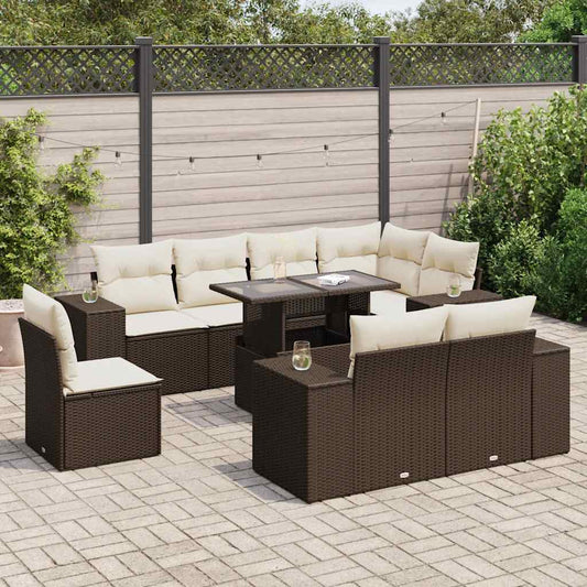 9-delige Loungeset met kussens poly rattan bruin