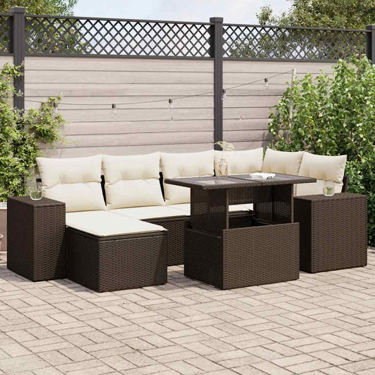 7-delige Loungeset met kussens poly rattan bruin