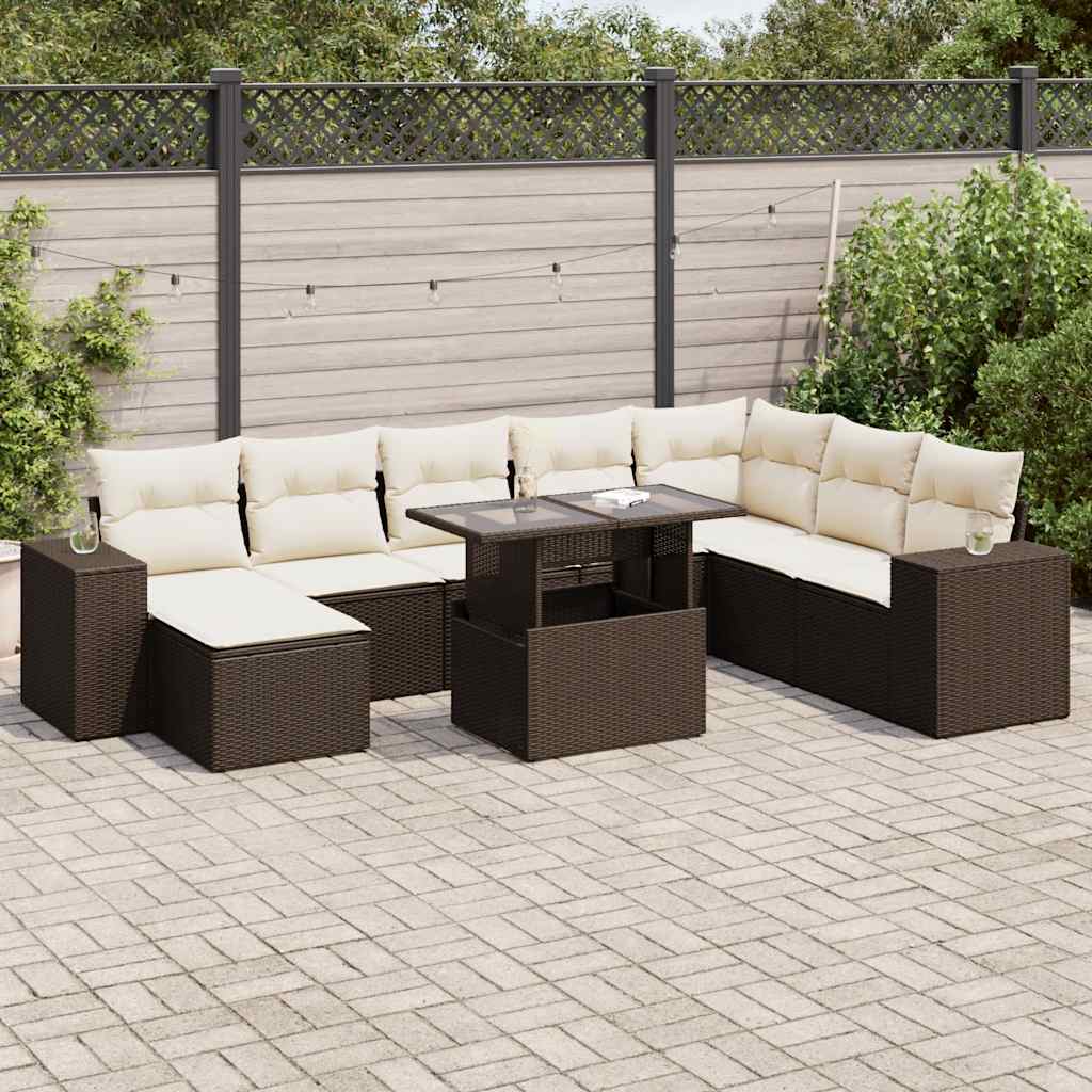 9-delige Loungeset met kussens poly rattan bruin