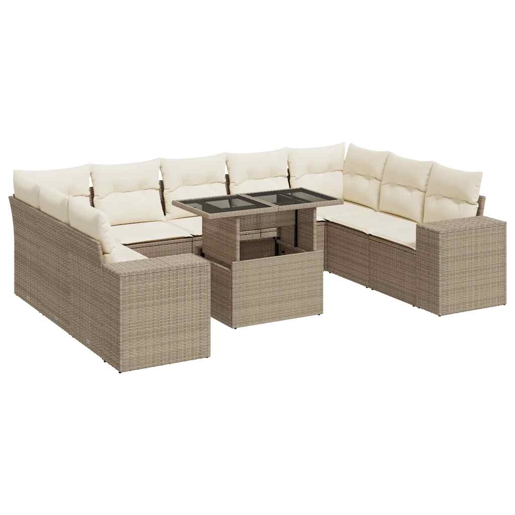 10-delige Loungeset met kussens poly rattan beige