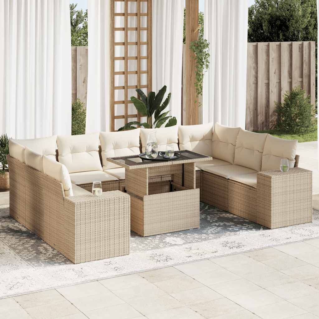 10-delige Loungeset met kussens poly rattan beige