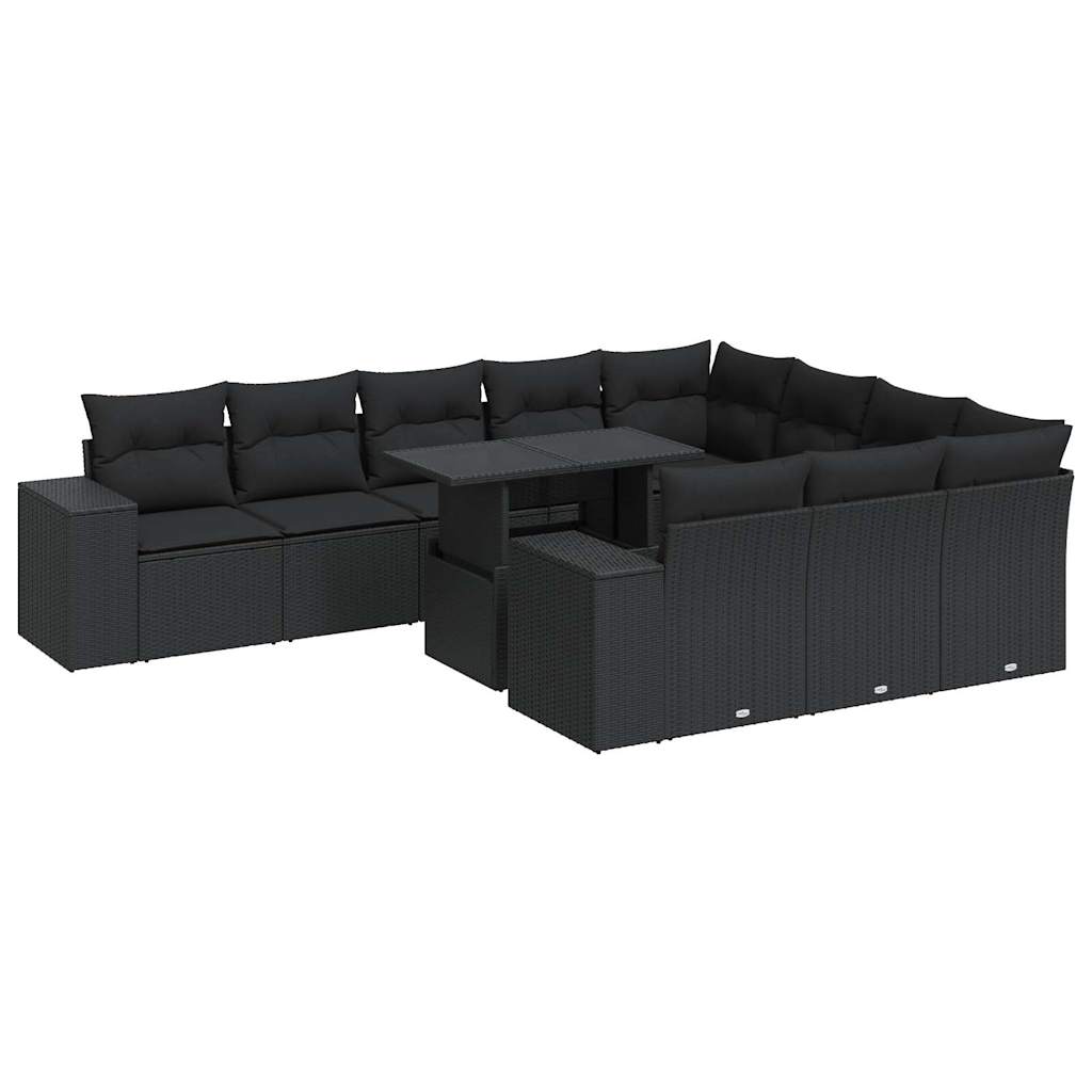 11-delige Loungeset met kussens poly rattan zwart