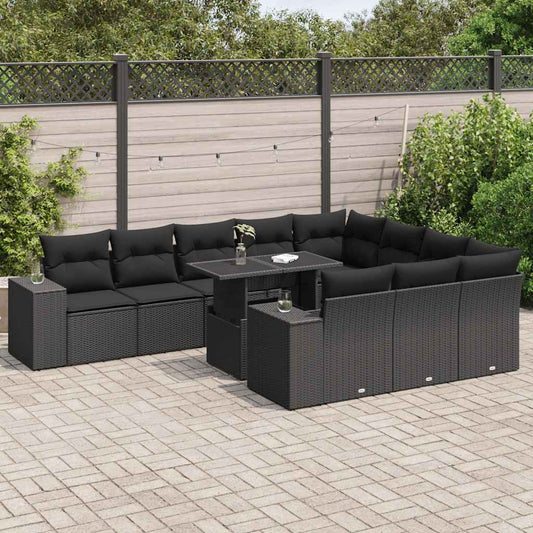 11-delige Loungeset met kussens poly rattan zwart