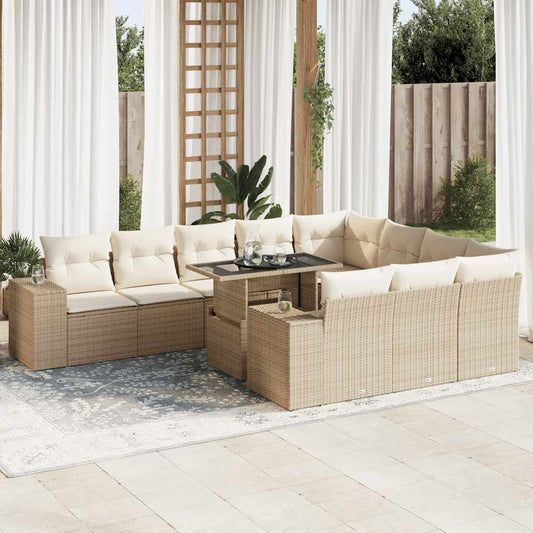 11-delige Tuinset met kussens poly rattan beige