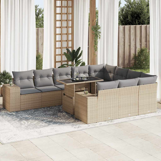 11-delige Tuinset met kussens poly rattan beige