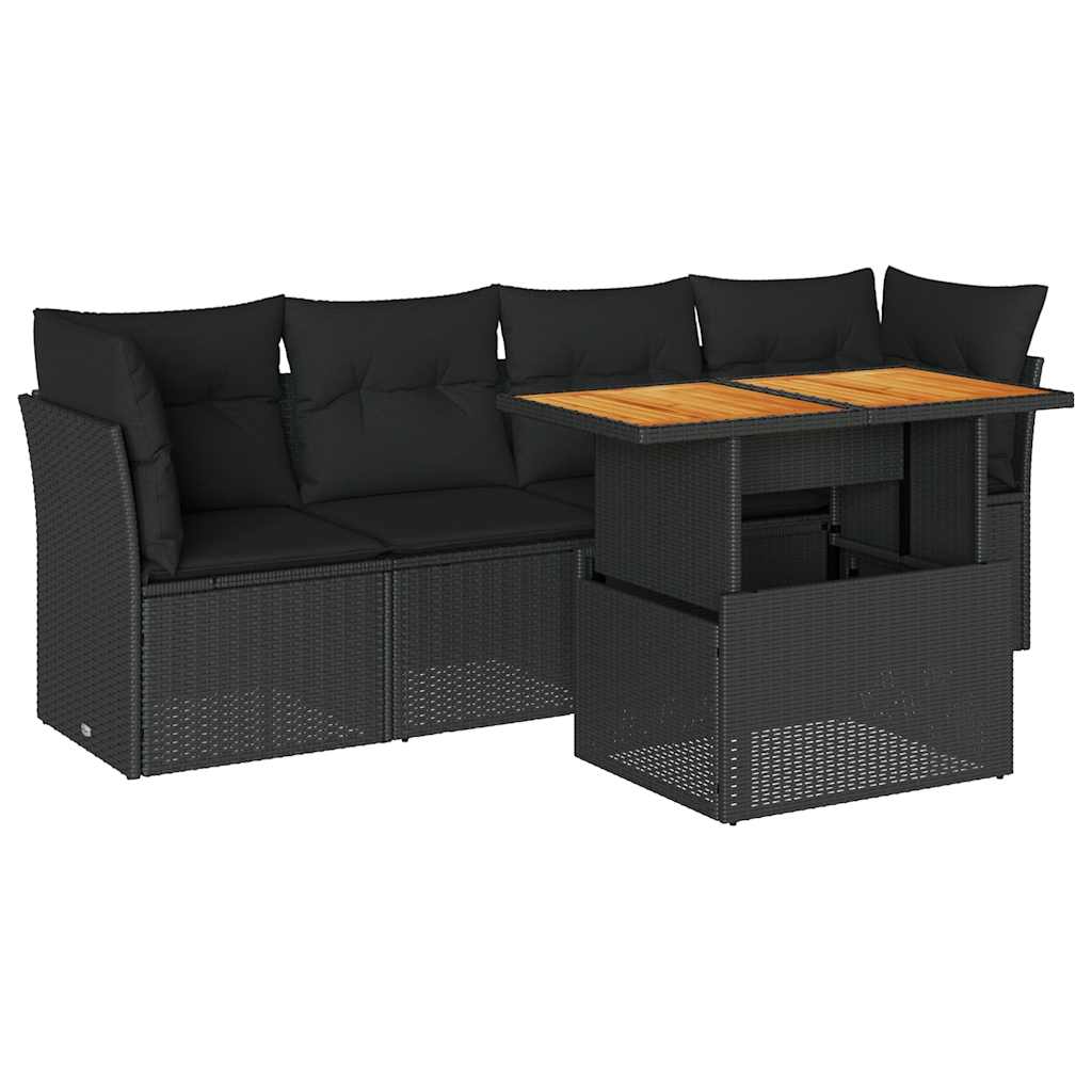 5-delige Loungeset met kussens poly rattan zwart