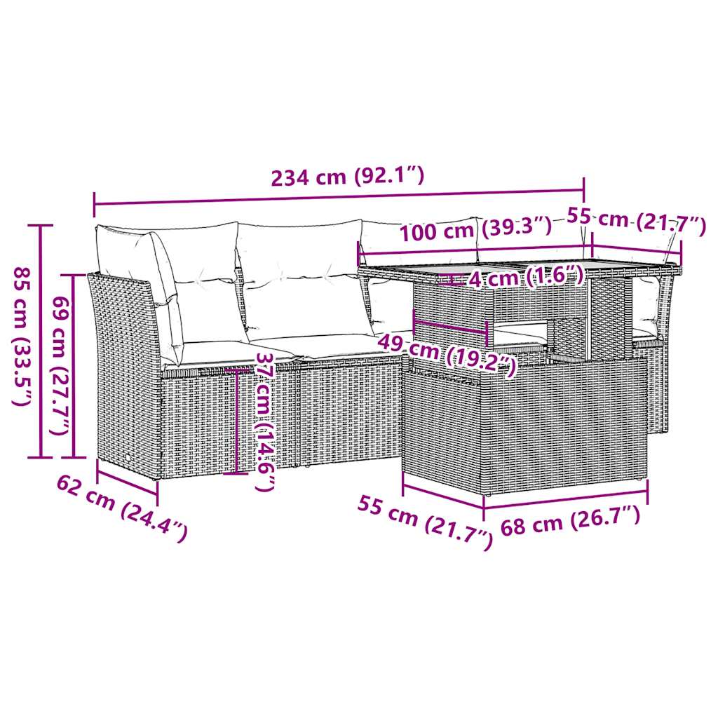 5-delige Loungeset met kussens poly rattan zwart