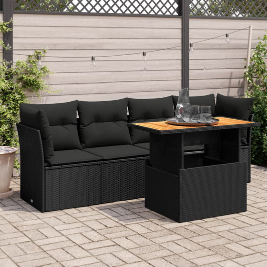 5-delige Loungeset met kussens poly rattan zwart