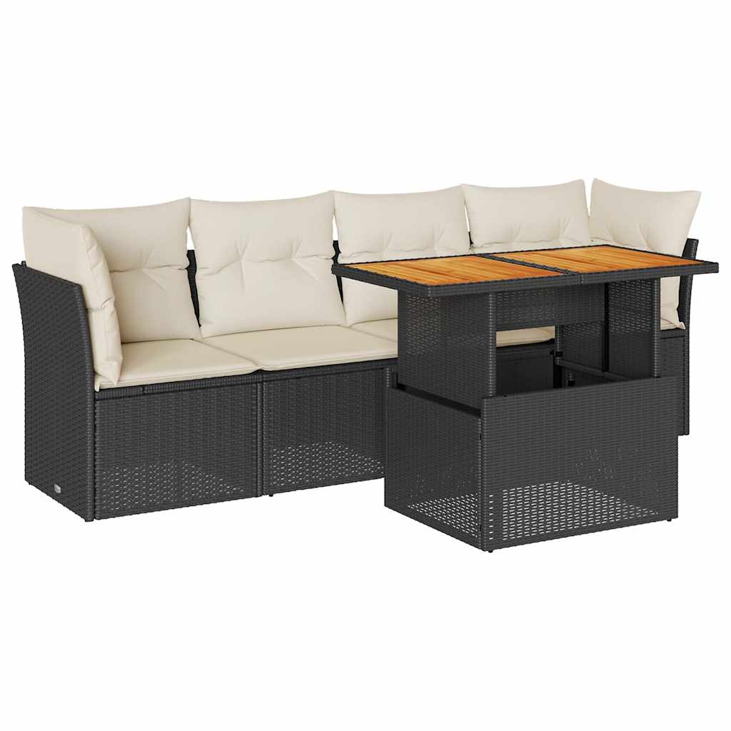 5-delige Loungeset met kussens poly rattan zwart