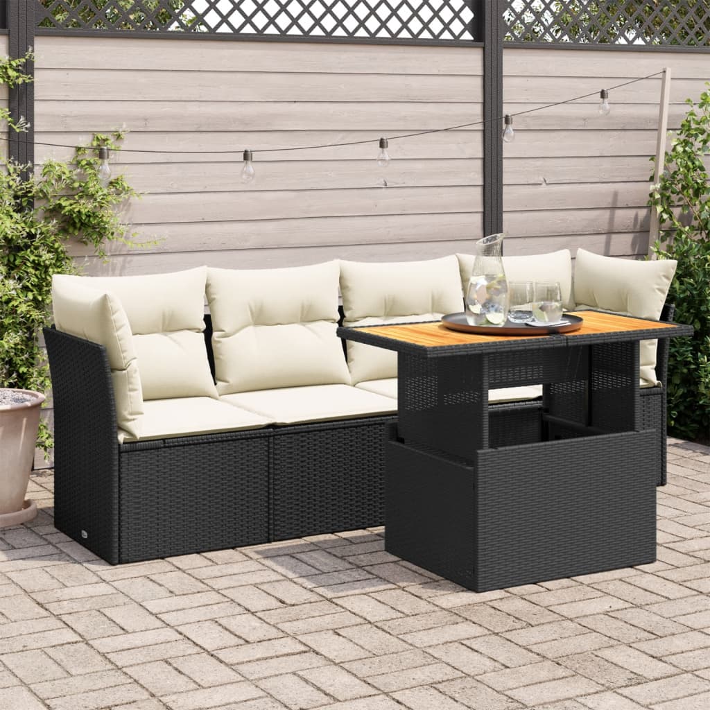 5-delige Loungeset met kussens poly rattan zwart