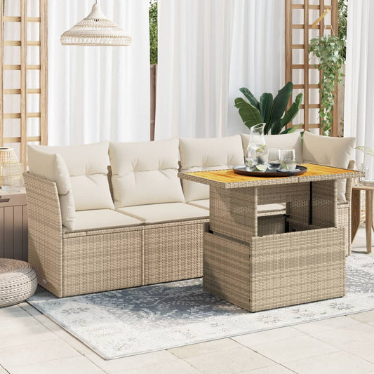 5-delige Loungeset met kussens poly rattan beige