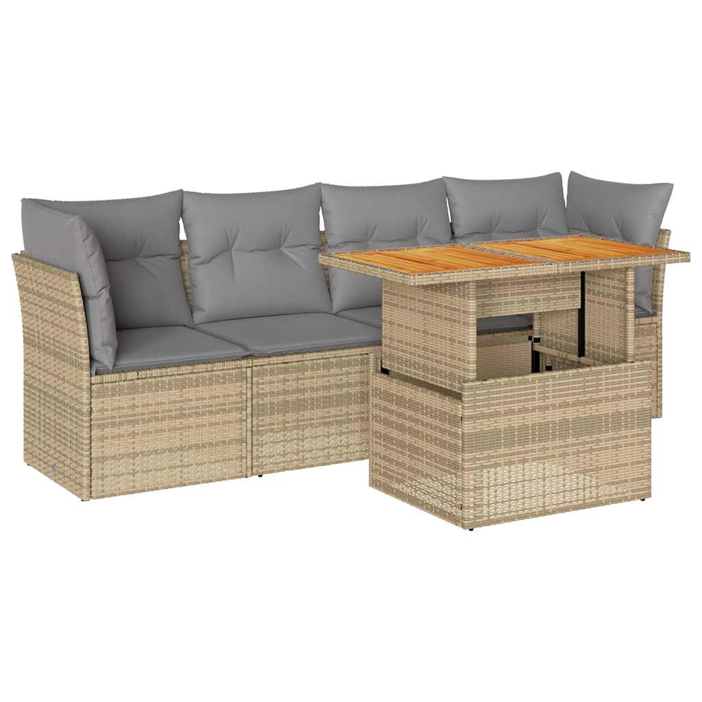 5-delige Loungeset met kussens poly rattan beige