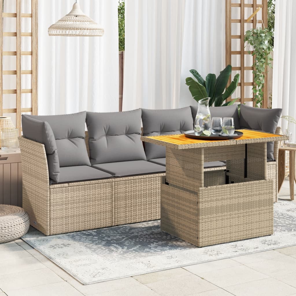 5-delige Loungeset met kussens poly rattan beige