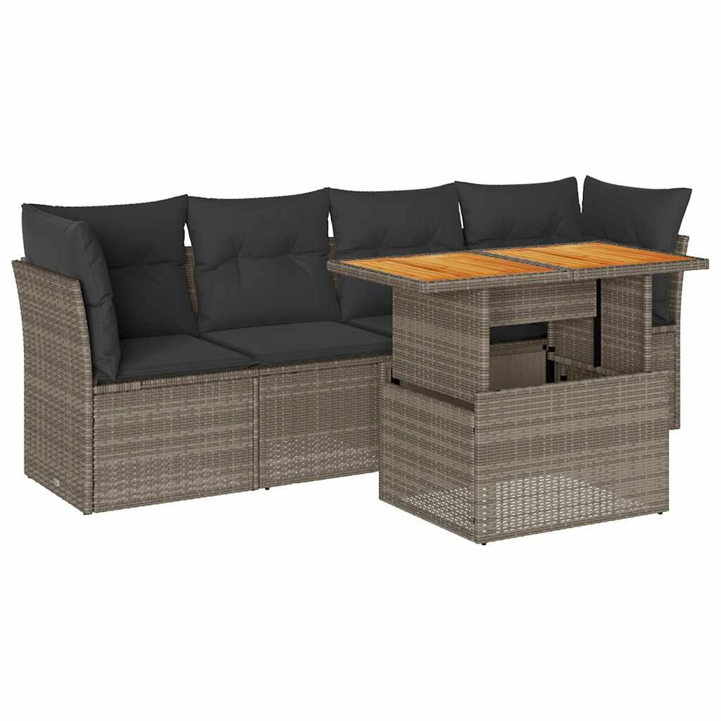 5-delige Loungeset met kussens poly rattan grijs