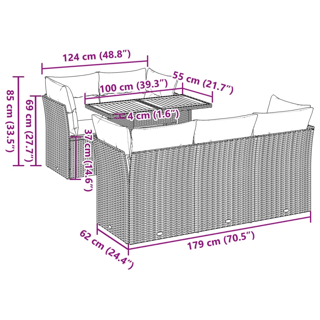 6-delige Loungeset met kussens poly rattan grijs