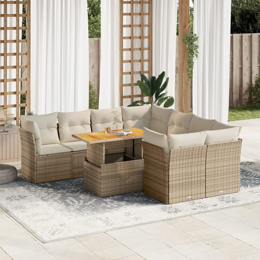 9-delige Loungeset met kussens poly rattan beige