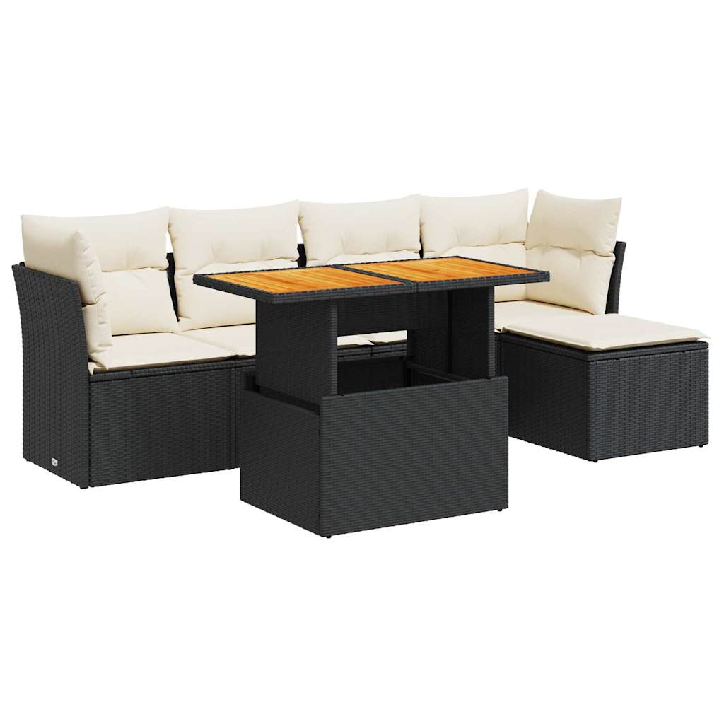 6-delige Loungeset met kussens poly rattan zwart