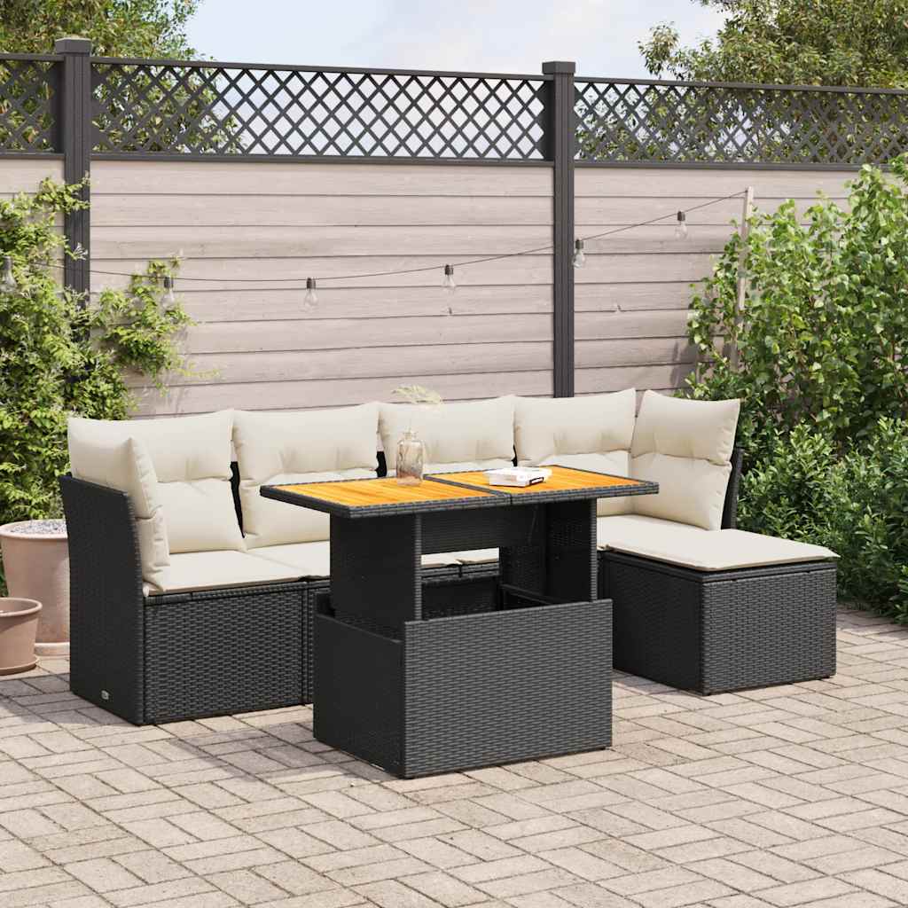 6-delige Loungeset met kussens poly rattan zwart