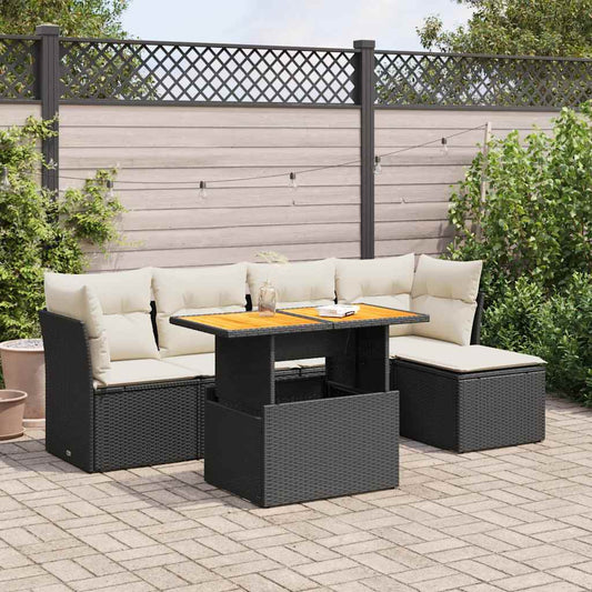 6-delige Loungeset met kussens poly rattan zwart