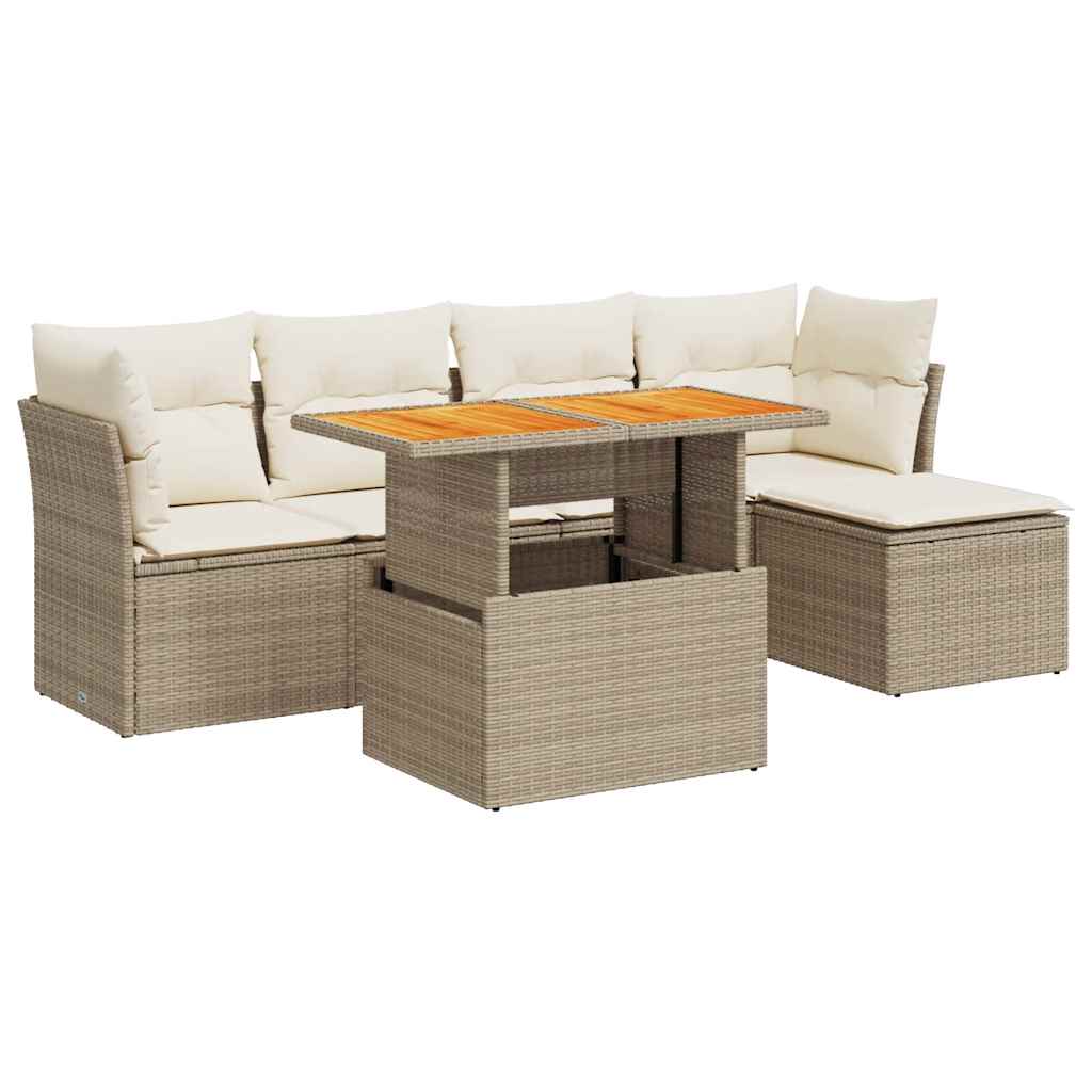 6-delige Loungeset met kussens poly rattan beige