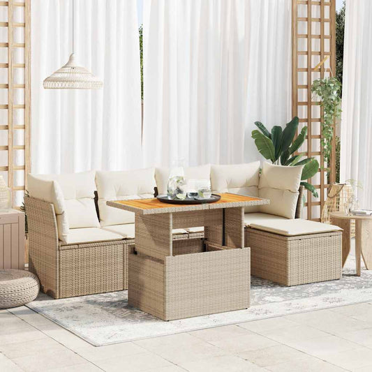 6-delige Loungeset met kussens poly rattan beige